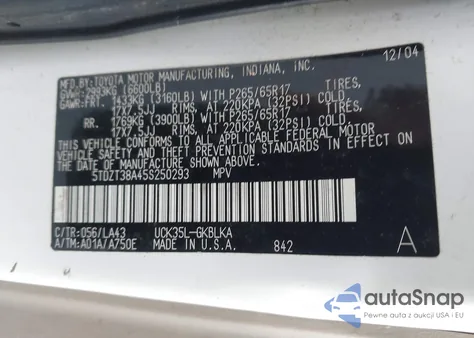 2005 Toyota Sequoia Limited V8 from USA, damaged, VIN 5TDZT38A45S250293